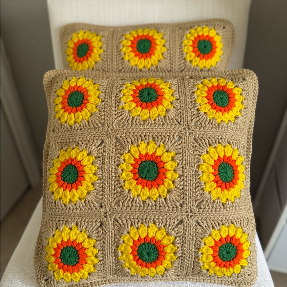 Handmade Sunflower Crochet Pillow Set of Two